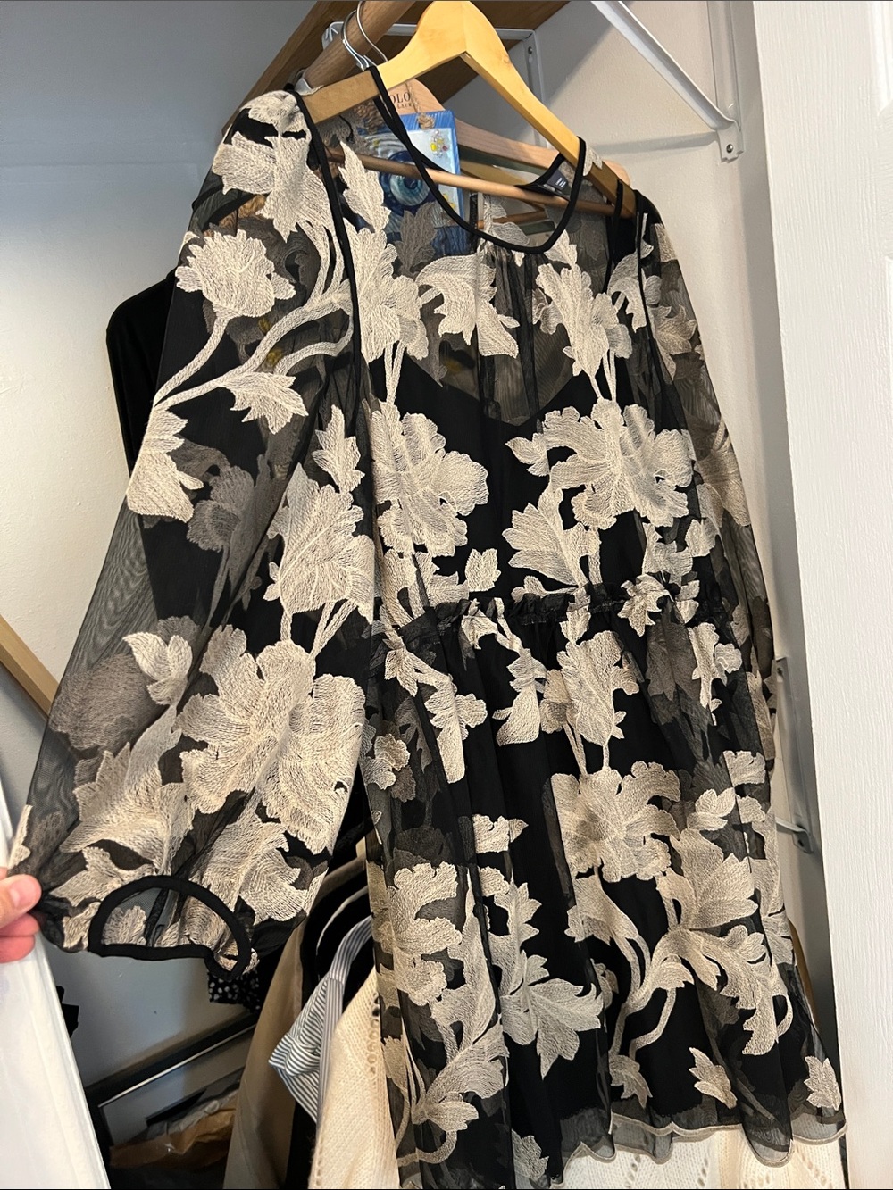 Anthropologie Black Mini Dress with Cream Floral Appliqué - Picture 4 of 6
